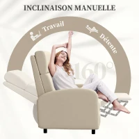 HOMCOM Fauteuil Relax Inclinable jusqu'à 160° Manuellement avec Repose-Pieds Intégré, Charge Max. 120kg, Grand Confort, Crème(m-4)