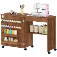 HOMCOM Folding Sewing Table, Rolling Craft Table with Storage compartments, Shelf and Lockable Casters for Small Spaces, Brown(m-11)