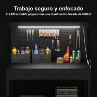 HOMCOM Banco de Trabajo Carga 272 kg 110x60x150 cm con Tableros Perforados Metálicos Toma de Corriente Luces LED Cajones Negro(m-6)