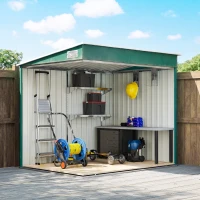 Outsunny Depozit pentru Unelte din Metal 1.5x2m cu Bază, Ușă Glisantă și Acoperiș Înclinat, Verde(m-9)