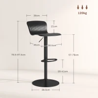 HOMCOM Set 2 scaune de bar cu spătar, rotative și cu înălțime reglabilă, polipropilenă, negru(m-3)