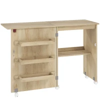 HOMCOM Mesa de costura dobrável móvel de costura com tampo rebatível, compartimentos de arrumação, prateleira aberta e rodízios, madeira natural(m-1)