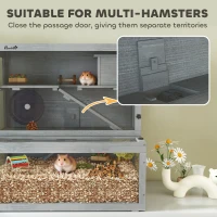 PawHut Cage Hamster en Bois, 3 Niveaux avec Cabane, Roue, Rampes, Panneau Transparent, Espaces Séparés, 80x50x84cm, Gris(m-8)