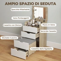 HOMCOM Toeletta 3 in 1 con Specchio Ribaltabile, Sgabello e Cassetti, Rovere e Bianco(m-5)