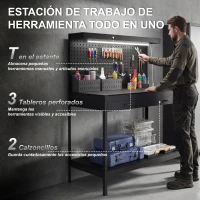 HOMCOM Banco de Trabajo Carga 272 kg 110x60x150 cm con Tableros Perforados Metálicos Toma de Corriente Luces LED Cajones Negro(m-4)