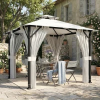 Outsunny Tonnelle de jardin extérieur 3x3m pavillon de jardin, toit double, rideaux, crochets de plafond, cadre en métal, crème(m-2)
