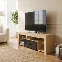 HOMCOM Mobile TV da 140 cm con ripiani in vetro regolabili, cassetto e vani aperti, rovere(m-6)
