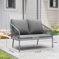 Outsunny Canapé de jardin 2 places en résine tressée avec coussins canapé d'extérieur accoudoirs cadre en acier 112x72x76cm gris(m-3)