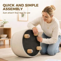 HOMCOM Pouf Coffre de Rangement Rond en Toile de Jute, Repose-pieds avec Couvercle, Pieds Bois Hévéa, Beige(m-4)