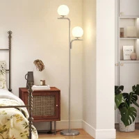HOMCOM LED Floor Lamp, Modern Standing Lamp with 3 Colour Temperatures, Globe Glass Shades and Foot Switch, Silver Tone(m-6)