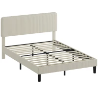 HOMCOM Cadru de Pat 140x200 cm cu Tăblie Tapițată Reglabilă pe Înălțime și Șipci, Catifea Canelată, Gri(m-1)