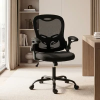 HOMCOM Cadeira de Escritório Ergonômica Cadeira de Escritório em Malha Apoios de Braço Rebatíveis Altura Ajustável Função de Balanço Preta(m-2)