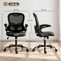 HOMCOM Silla de Oficina Ergonómica, Sillón de Malla, Reposabrazos Abatibles, Altura Ajustable, Función de Inclinación, Negra(m-3)
