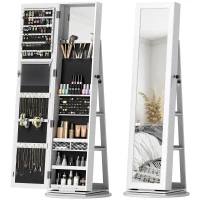HOMCOM Dulap pentru Bijuterii 3 în 1 Rotativ la 360°, Rafturi din Spate și Ușă cu Cheie, 55x55x161 cm, Alb(m-11)