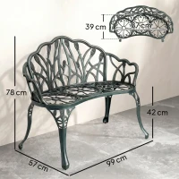 Outsunny Banc de jardin en aluminium moulé, banc extérieur 2 places avec dossier tulipe, assise florale, 99x57x78cm, vert antique(m-3)