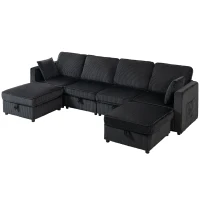 HOMCOM Canapea colț 4 locuri formă U cu ottoman cu depozitare, colțar 306 cm cu aspect cord, 4 perne, pentru living(m-8)