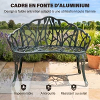 Outsunny Banc de jardin en aluminium moulé, banc extérieur 2 places avec dossier tulipe, assise florale, 99x57x78cm, vert antique(m-5)