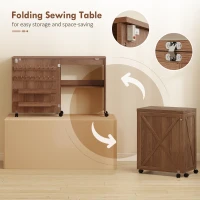 HOMCOM Folding Sewing Table, Rolling Craft Table with Storage compartments, Shelf and Lockable Casters for Small Spaces, Brown(m-5)