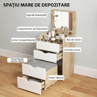 HOMCOM Măsuță de Toaletă cu Oglindă Rabatabilă și Scaun, Compactă, Stejar și Alb(m-5)