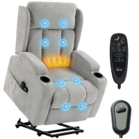 HOMCOM Elektrischer Aufstehsessel mit Massage und Heizung, Elektrischer Relaxsessel aus Chenille, Klappbares Kopfteil, Hellgrau(m-8)