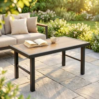 Outsunny Metal Garden Coffee Table, Outdoor Side Table with SPC Woodgrain Tabletop for Outside, Garden, Balcony, Porch, 100 x 53 x 46cm, Brown(m-14)