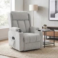 HOMCOM Fotoliu Ridicător Electric cu Masaj și Încălzire, Fotoliu Relax Electric din Chenille, Tetieră Rabatabilă, Gri Deschis(m-2)