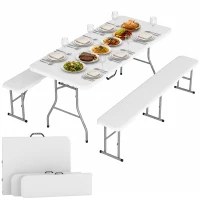 Set Outsunny de picnic pliabil cu 3 piese cu masă și 2 bănci din HDPE și metal, alb și gri deschis(m-11)