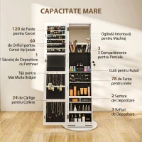HOMCOM Dulap pentru Bijuterii 3 în 1 Rotativ la 360°, Rafturi din Spate și Ușă cu Cheie, 55x55x161 cm, Alb(m-5)