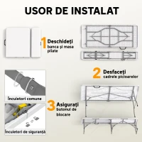 Set Outsunny de picnic pliabil cu 3 piese cu masă și 2 bănci din HDPE și metal, alb și gri deschis(m-4)