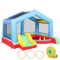 AIYAPLAY Château gonflable 4 en 1, aire de jeux avec souffleur, toboggan, piscine à balles, jeu de lancer d'anneaux, multicolore(m-1)