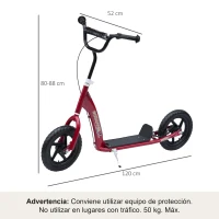 HOMCOM Patinete para Niños de 5-12 Años Scooter de 2 Ruedas Grandes de 12 Pulgadas con Freno y Manillar Ajustable en Altura Carga Máx. 50 kg 120x52x80-88 cm Rojo(m-3)