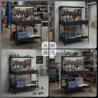 HOMCOM Banco de Trabajo Carga 272 kg 110x60x150 cm con Tableros Perforados Metálicos Toma de Corriente Luces LED Cajones Negro(m-9)