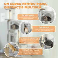 PawHut Arbore de Joacă pentru Pisici cu 2 Căsuțe, Hamac, Pat și Stâlpi Acoperiți cu Sisal, 48x48x160 cm, Gri(m-4)
