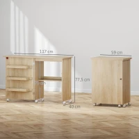 HOMCOM Mesa de costura dobrável móvel de costura com tampo rebatível, compartimentos de arrumação, prateleira aberta e rodízios, madeira natural(m-3)
