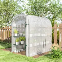 Outsunny Serre de jardin avec étagères, 123x187x189cm, petite serre avec porte enroulable, bâche PE haute densité 140 g/m², blanc(m-8)