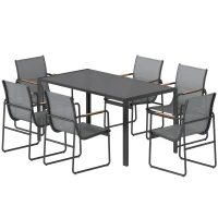 Outsunny Ensemble de Salle à Manger d'Extérieur 7 Pièces pour 6 Personnes, Table en Verre et Chaises en Maille avec Accoudoirs Décoratifs, Gris(m-12)