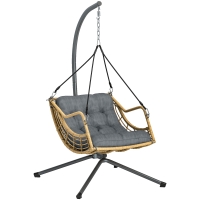 Outsunny Fauteuil suspendu en résine tressée avec support, chaise suspendue, coussin, attache de sécurité, hauteur réglable, gris