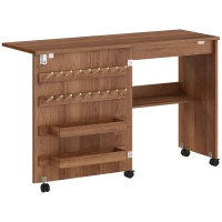 HOMCOM Folding Sewing Table, Rolling Craft Table with Storage compartments, Shelf and Lockable Casters for Small Spaces, Brown(m-1)