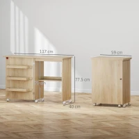 HOMCOM Masă de cusut pliabilă mobilier de cusut cu blat rabatabil, tăvi de depozitare, etajeră deschisă și roți, lemn natural(m-3)