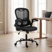 HOMCOM Cadeira de Escritório Ergonômica Cadeira de Escritório em Malha Apoios de Braço Rebatíveis Altura Ajustável Função de Balanço Preta(m-6)