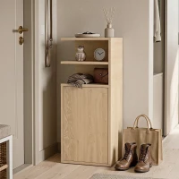 HOMCOM Slim Bedside Table Set of 2, Narrow Bedside Cabinet with Open Cubbies and Cupboard for Bedroom Living Room, Oak(m-8)