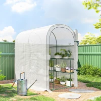 Outsunny Serre de jardin avec étagères, 123x187x189cm, petite serre avec porte enroulable, bâche PE haute densité 140 g/m², blanc(m-10)