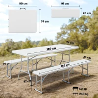 Set Outsunny de picnic pliabil cu 3 piese cu masă și 2 bănci din HDPE și metal, alb și gri deschis(m-3)
