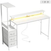HOMCOM Scrivania Gaming 147 cm, Tavolo per Computer con Supporto CPU Regolabile e Reversibile, Luci RGB, Prese di Alimentazione, Porte USB e USB-C, Supporto Monitor e 3 Cassetti in Tessuto, Bianco(m-1)