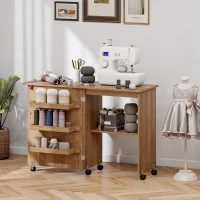 HOMCOM Mesa de Costura Dobrável Móvel de Costura com Tampo Rebatível Bandejas de Arrumação Prateleira Aberta e Rodas Castanho(m-6)