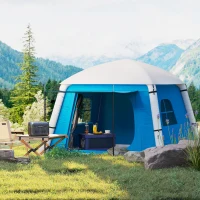 Outsunny Inflatable Camping Tent w/ Hand Pump, Easy Setup 1/2 Person Blow Up Tent Waterproof 190T Taffeta w/ Mesh Windows, Doors and Carry Bag, Light Blue(m-10)