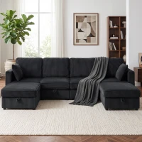 HOMCOM Canapea colț 4 locuri formă U cu ottoman cu depozitare, colțar 306 cm cu aspect cord, 4 perne, pentru living(m-6)