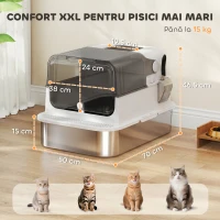 PawHut Litieră Închisă pentru Pisici din Oțel Inoxidabil, 52 L, cu Capac Rabatabil, Ușă Dublă și Lopățică, Alb(m-3)