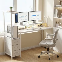 HOMCOM Scrivania Gaming 147 cm, Tavolo per Computer con Supporto CPU Regolabile e Reversibile, Luci RGB, Prese di Alimentazione, Porte USB e USB-C, Supporto Monitor e 3 Cassetti in Tessuto, Bianco(m-9)