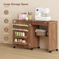 HOMCOM Folding Sewing Table, Rolling Craft Table with Storage compartments, Shelf and Lockable Casters for Small Spaces, Brown(m-4)